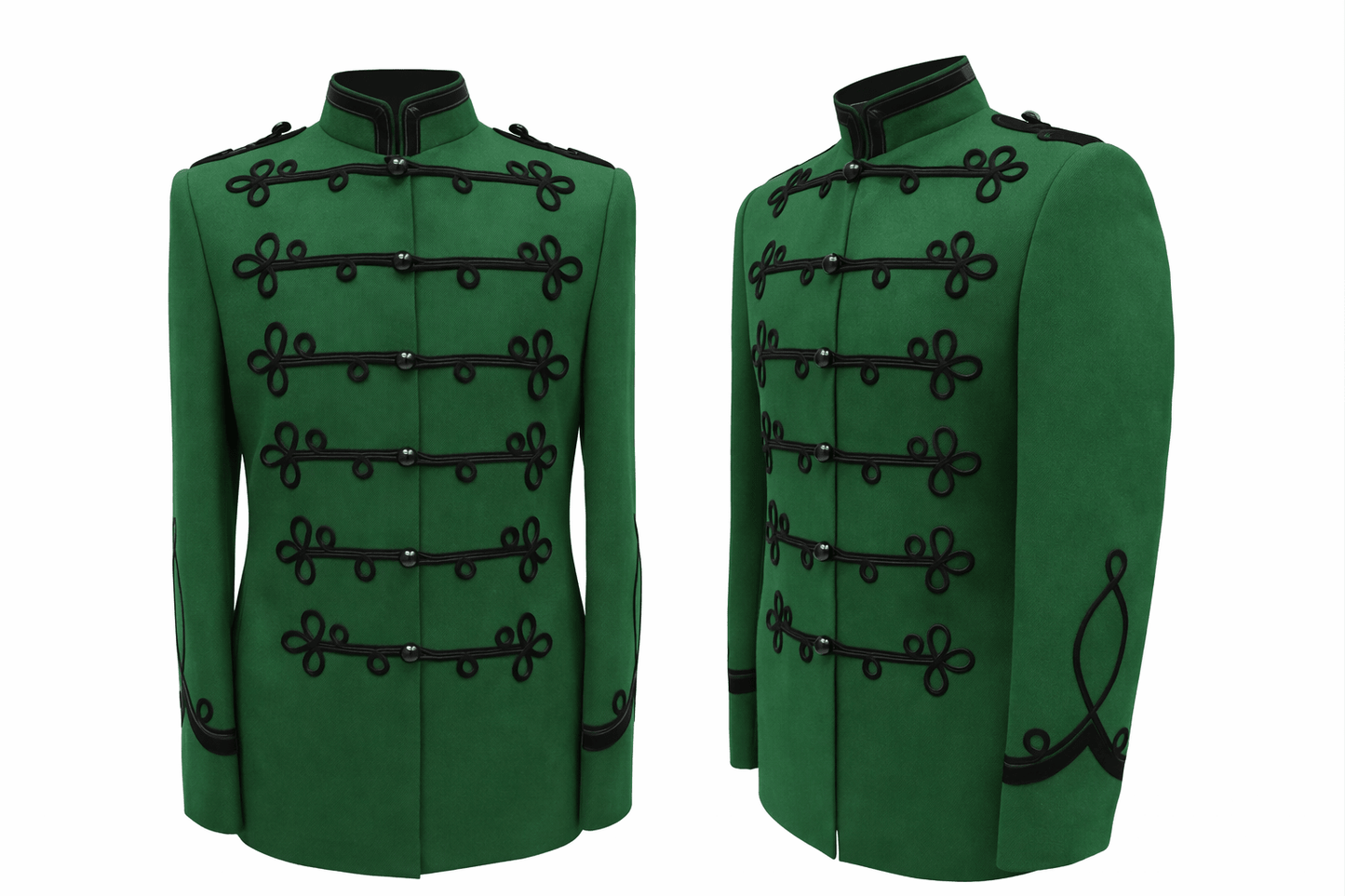 Groene ceremoniële jas met zwart passement en klassiek model