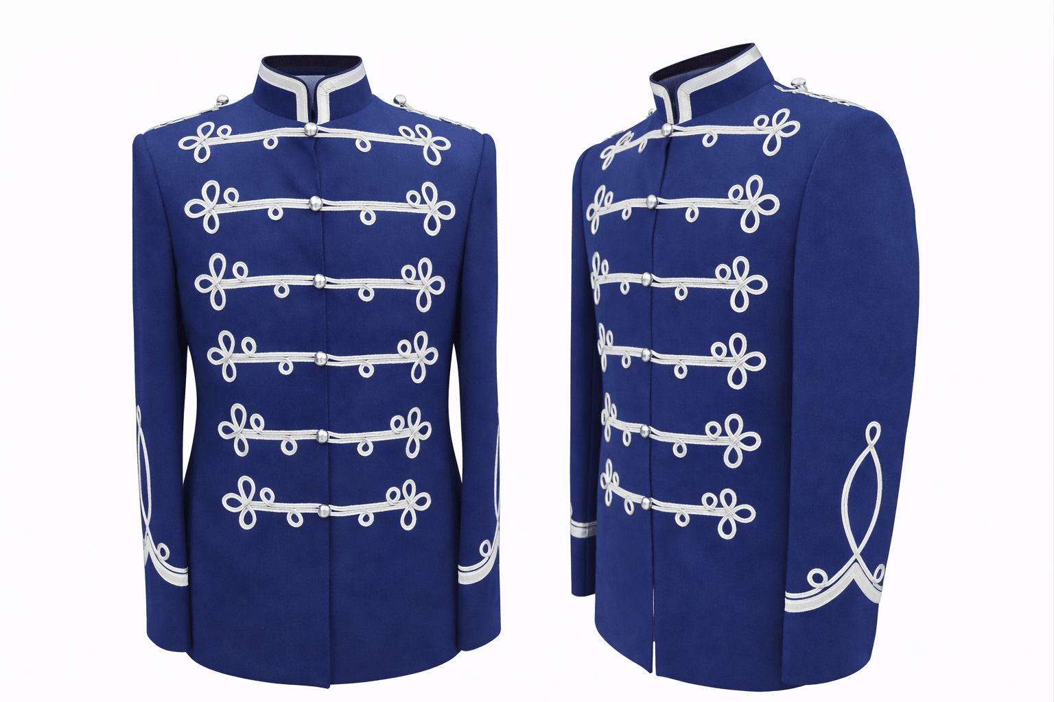 Blauwe ceremoniële jas met zilverkleurig koordwerk