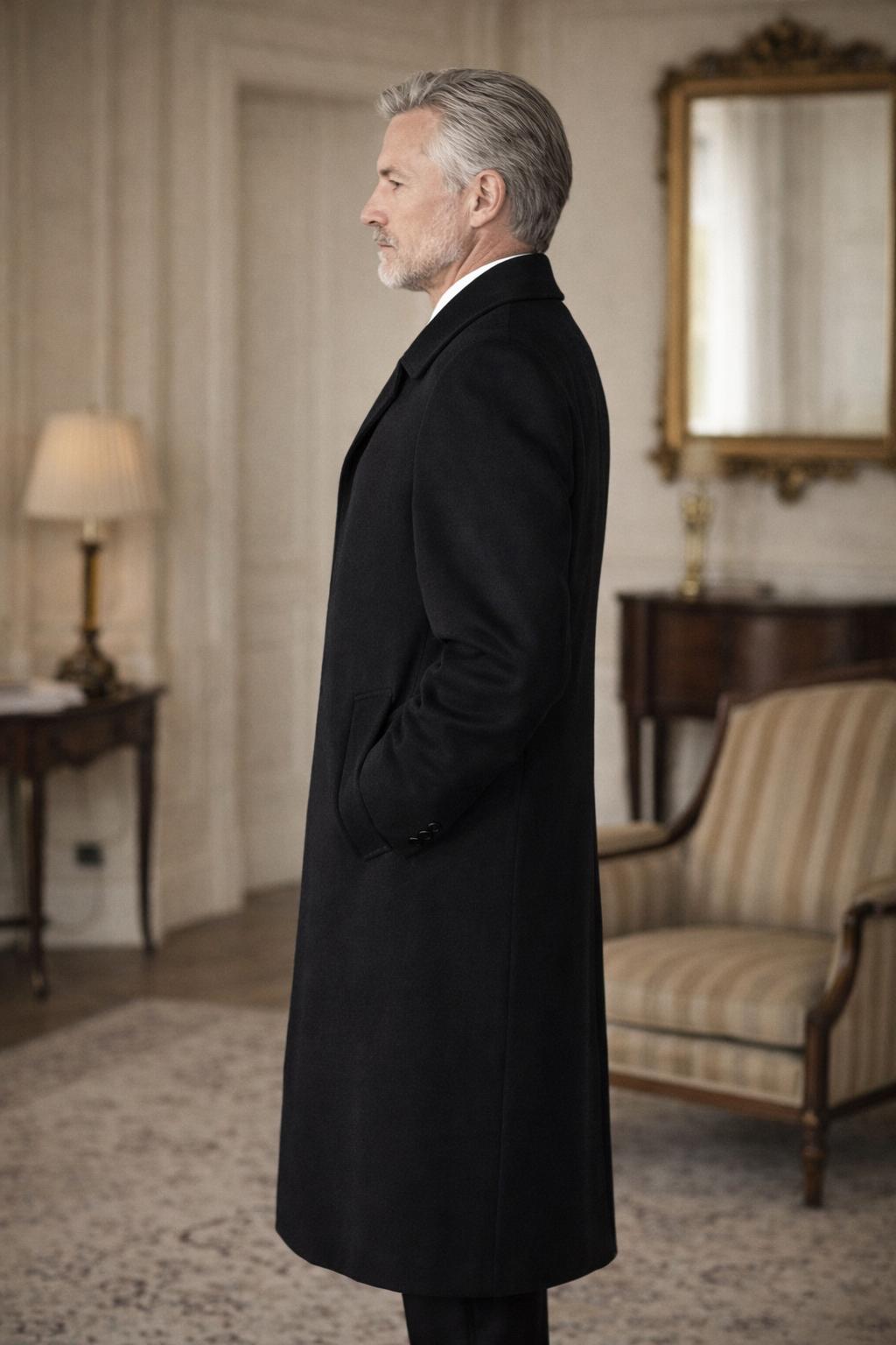 Detail van klassieke formal wear overcoat in zwarte 100% wol stof