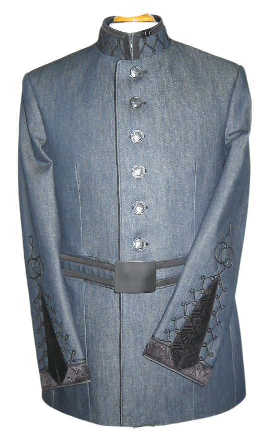 Blauwe denim geïnspireerde uniformjas gebaseerd op historische modellen