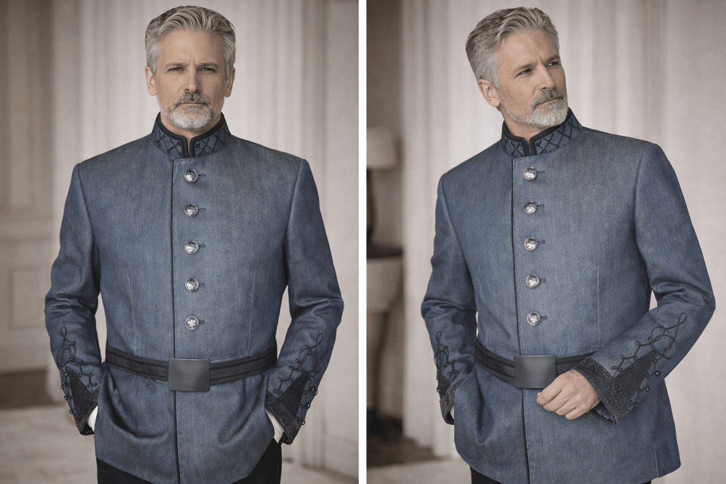 Prototype uniformjas met traditioneel koordwerk in denim uitvoering