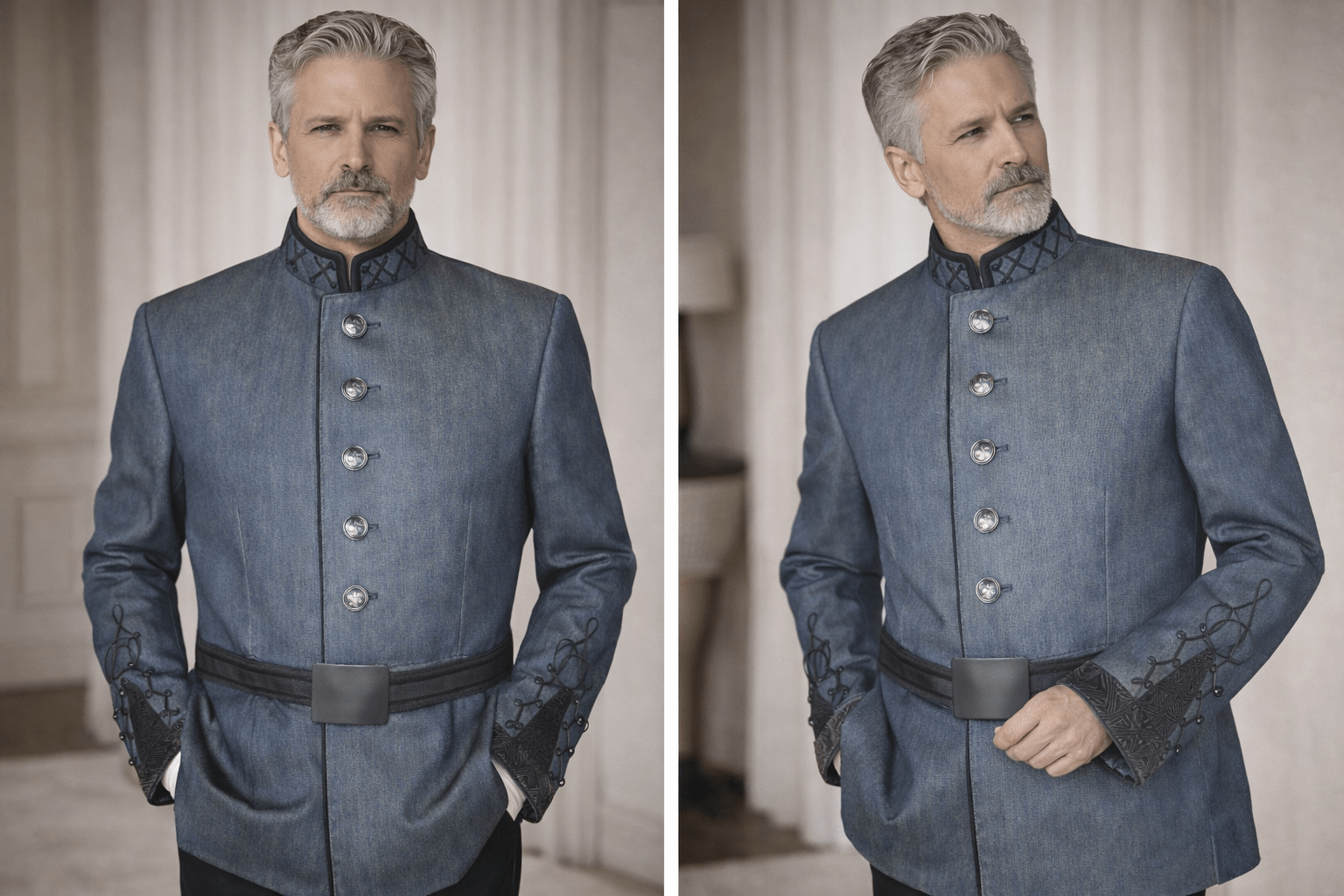 Prototype uniformjas met traditioneel koordwerk in denim uitvoering