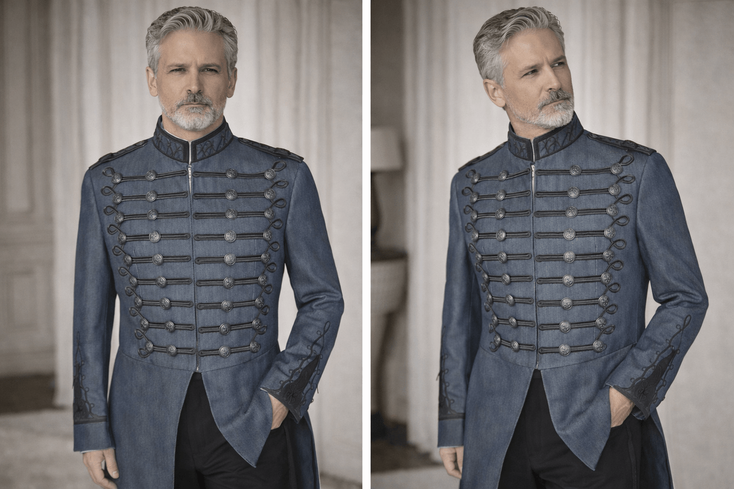 Prototype uniformjas met horizontaal koordwerk in denim uitvoering